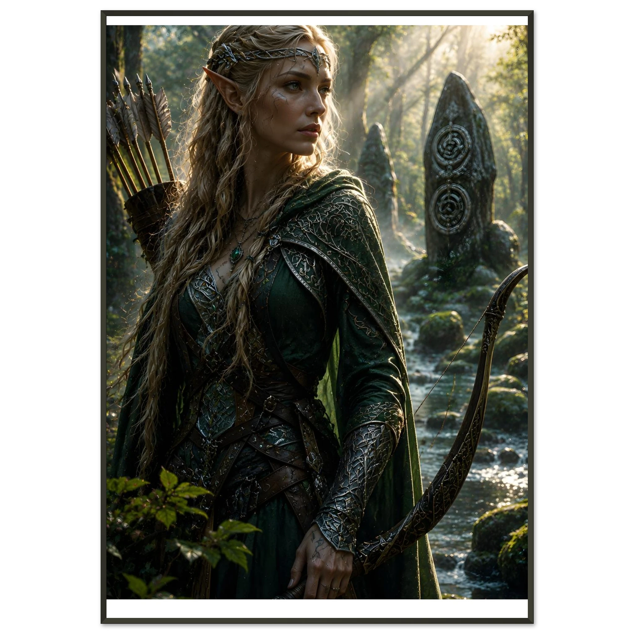 The Last Sentinel of the Ancient Wood fantasy framed poster featuring a forest guardian among rune stones
