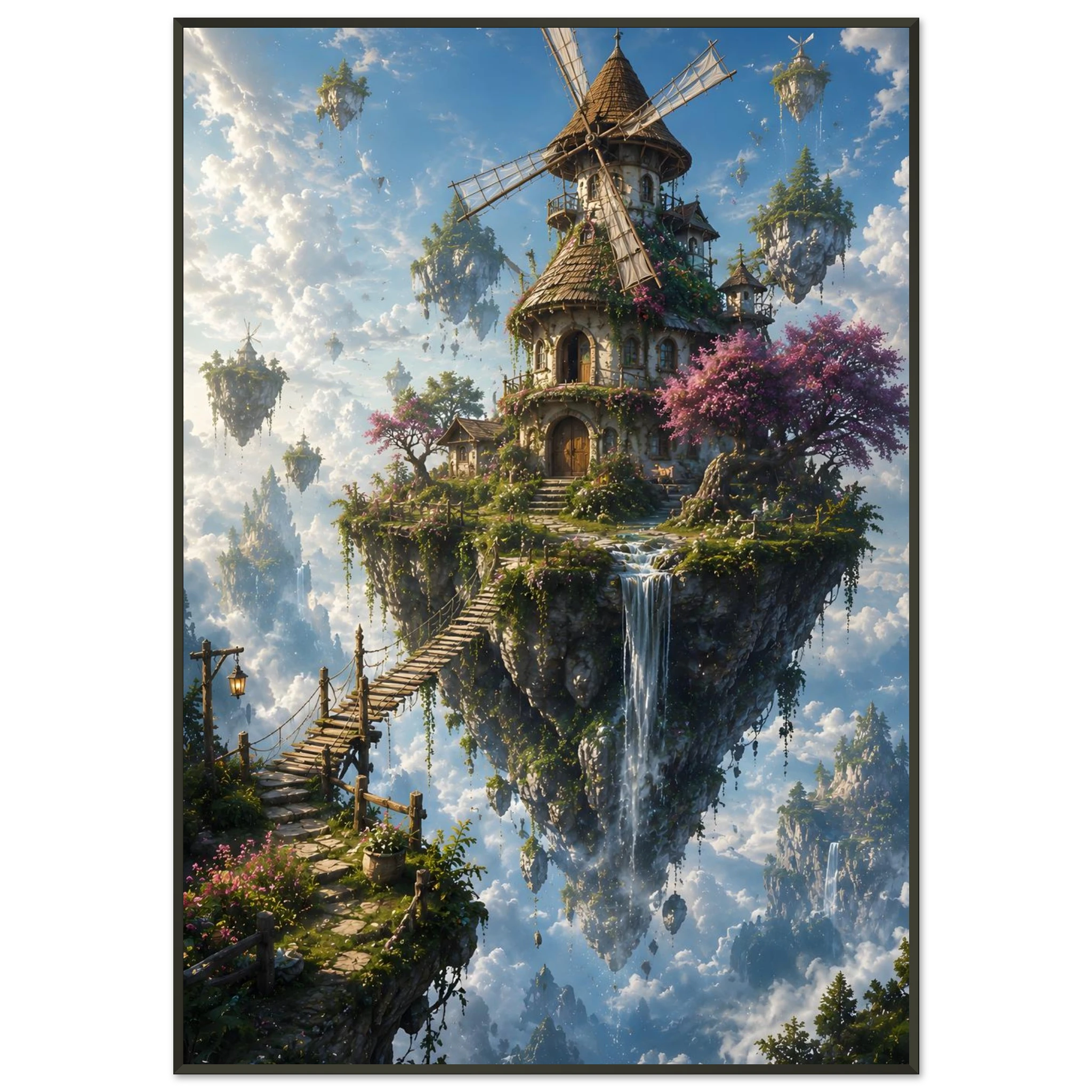 The Wanderer’s Isle fantasy framed poster showing a floating island cottage and cherry blossoms above the clouds