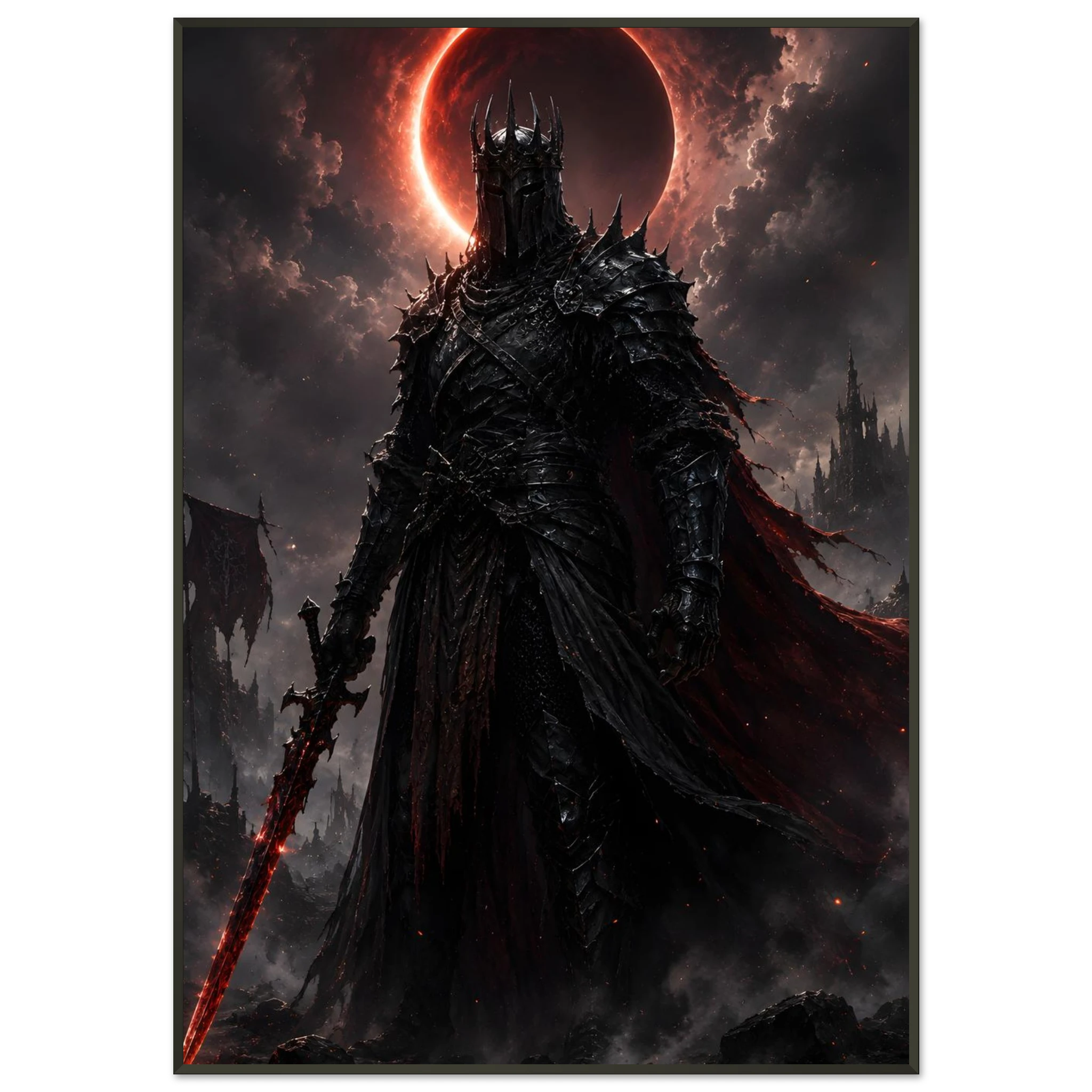 Lord of the Blood Moon dark fantasy framed poster featuring an armoured warrior beneath a crimson eclipse