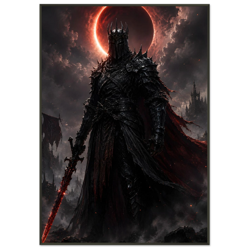 Lord of the Blood Moon dark fantasy framed poster featuring an armoured warrior beneath a crimson eclipse