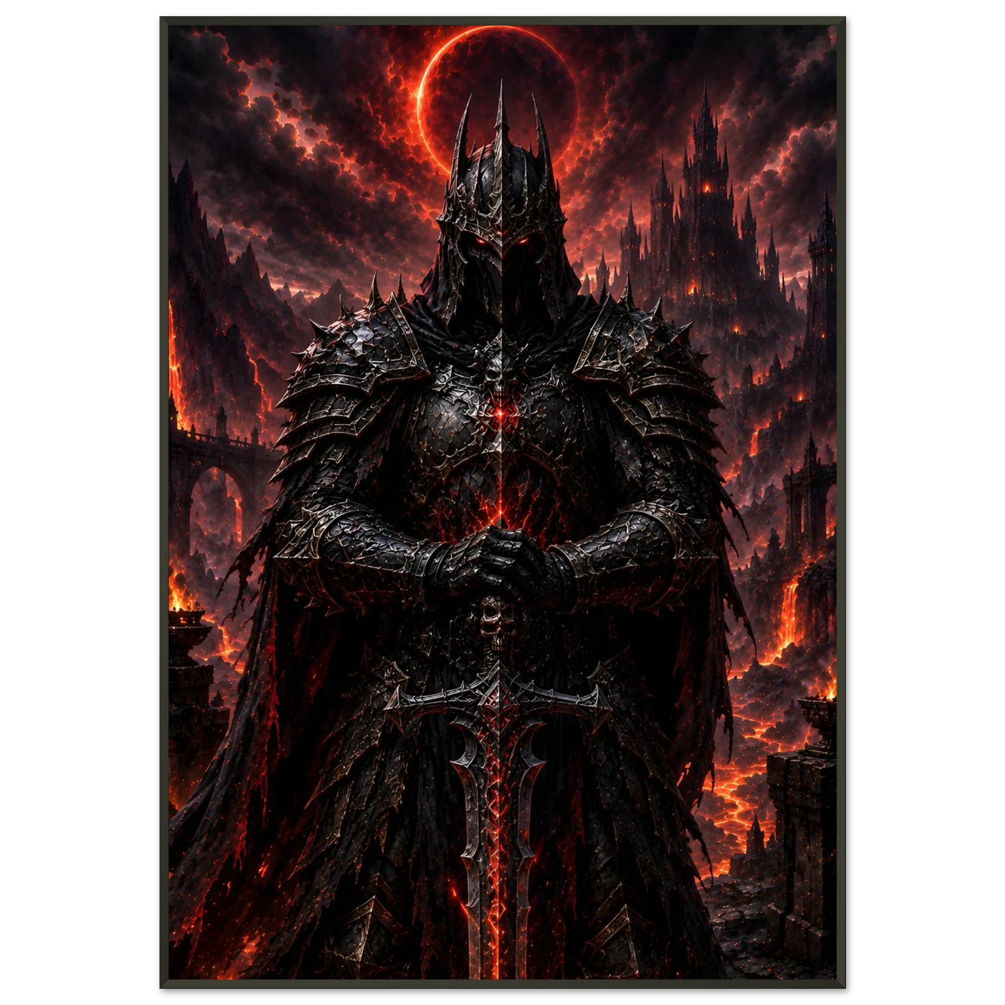 The Bloodbound Knight dark fantasy framed poster featuring an armoured warrior beneath a blood-red eclipse
