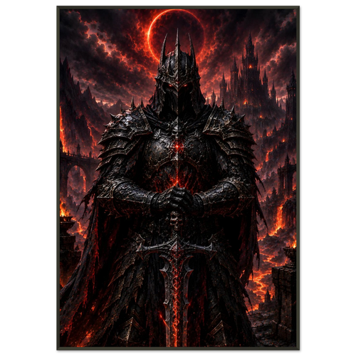 The Bloodbound Knight dark fantasy framed poster featuring an armoured warrior beneath a blood-red eclipse