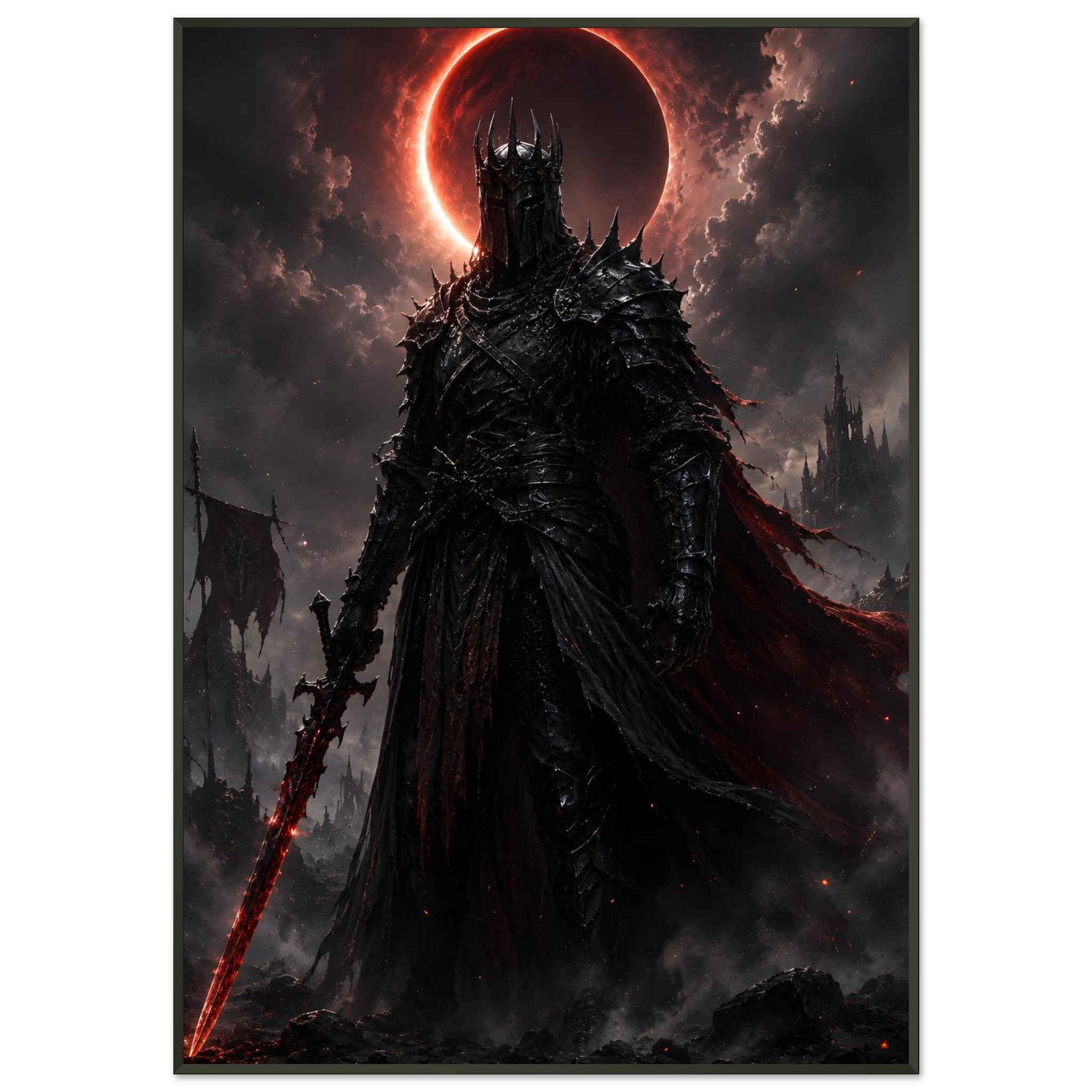The Crimson Eclipse Sovereign dark fantasy framed poster beneath a blood-red eclipse