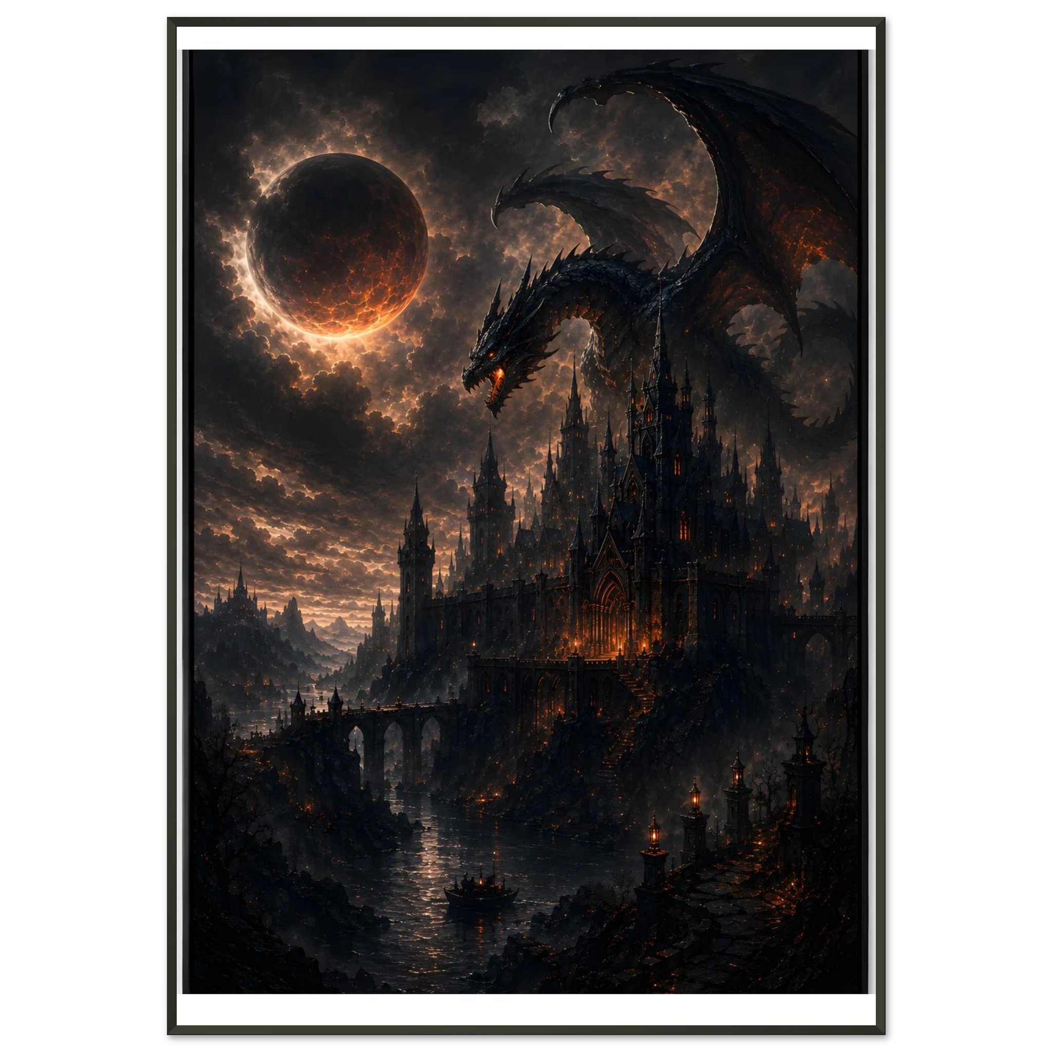 The Dragonfire Apocalypse dark fantasy framed poster featuring colossal dragons, flames, lava and a burning kingdom