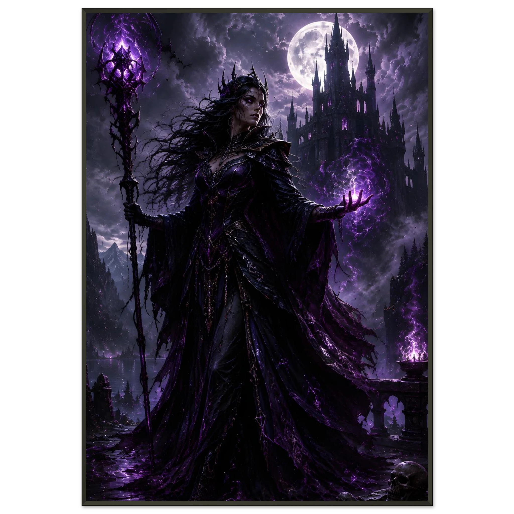 The Shadow Keep of Blackwater dark fantasy framed poster featuring an ancient keep in deep shadows