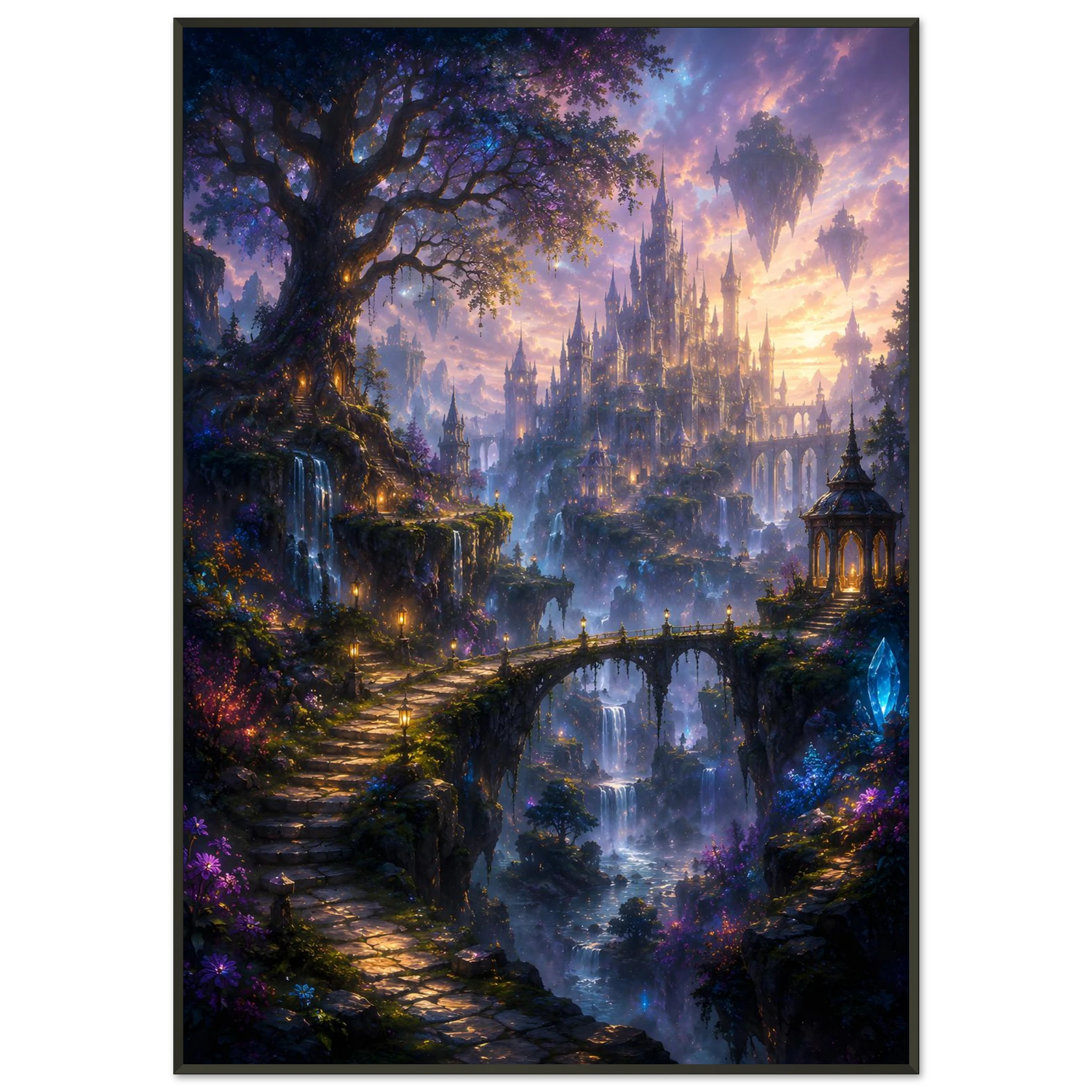 Kingdoms of Dawn fantasy framed poster featuring castles, mountains, waterfalls and ancient bridges beneath a golden sky
