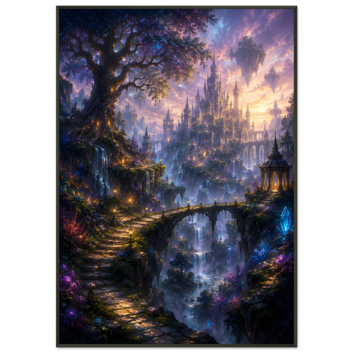Kingdoms of Dawn fantasy framed poster featuring castles, mountains, waterfalls and ancient bridges beneath a golden sky