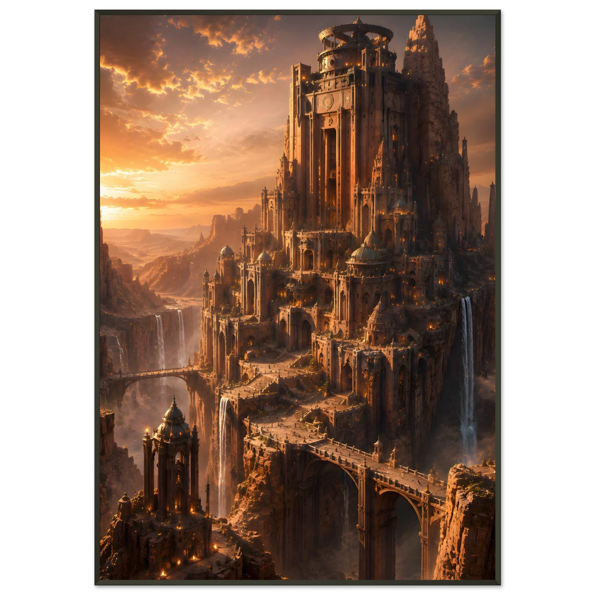 The Citadel of the Dying Sun dark fantasy framed poster featuring a golden fortress above an abyss