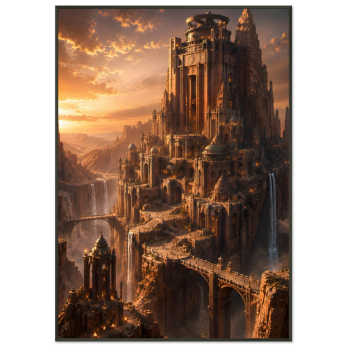 The Citadel of the Dying Sun dark fantasy framed poster featuring a golden fortress above an abyss