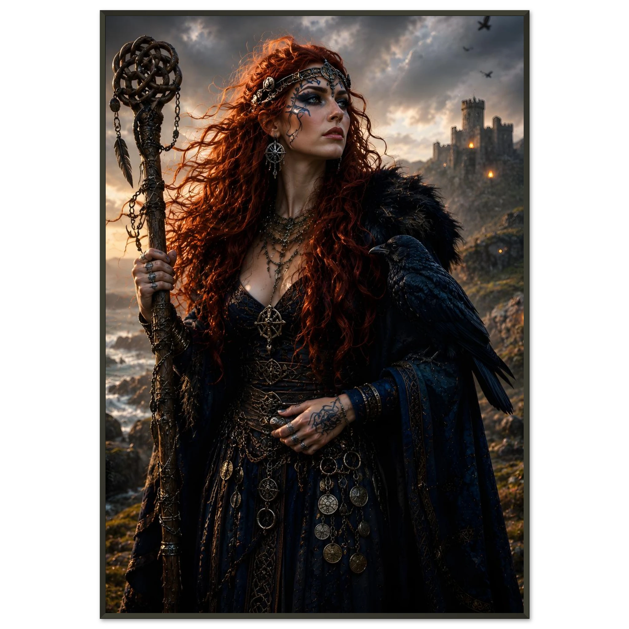 The Raven Witch of the Broken Shore dark fantasy framed poster featuring a rune-wielding witch and raven