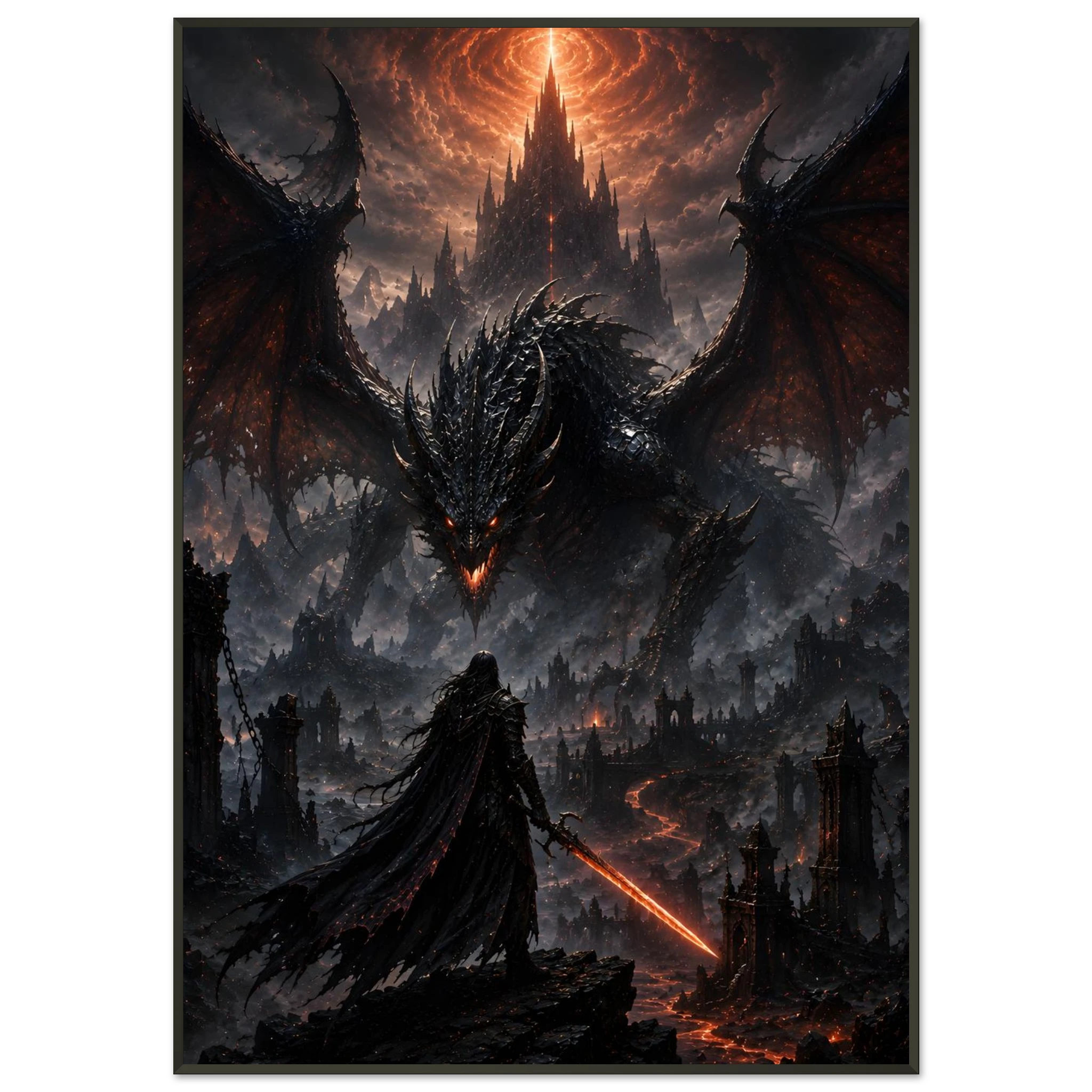 The Last Stand at Ember’s Gate dark fantasy framed poster showing a warrior facing a great dragon