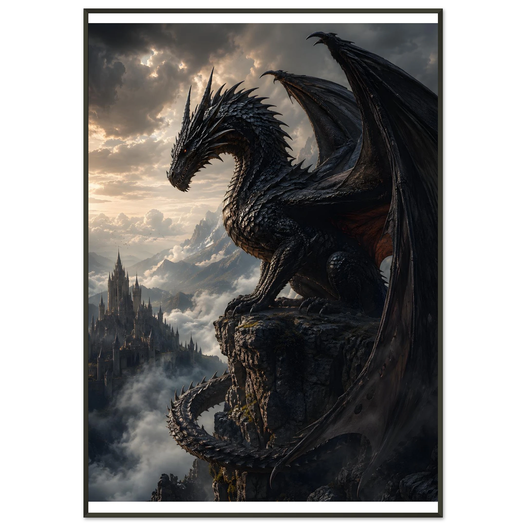 Warden of the Storm Peaks dark fantasy framed poster featuring a powerful black dragon above gothic peaks