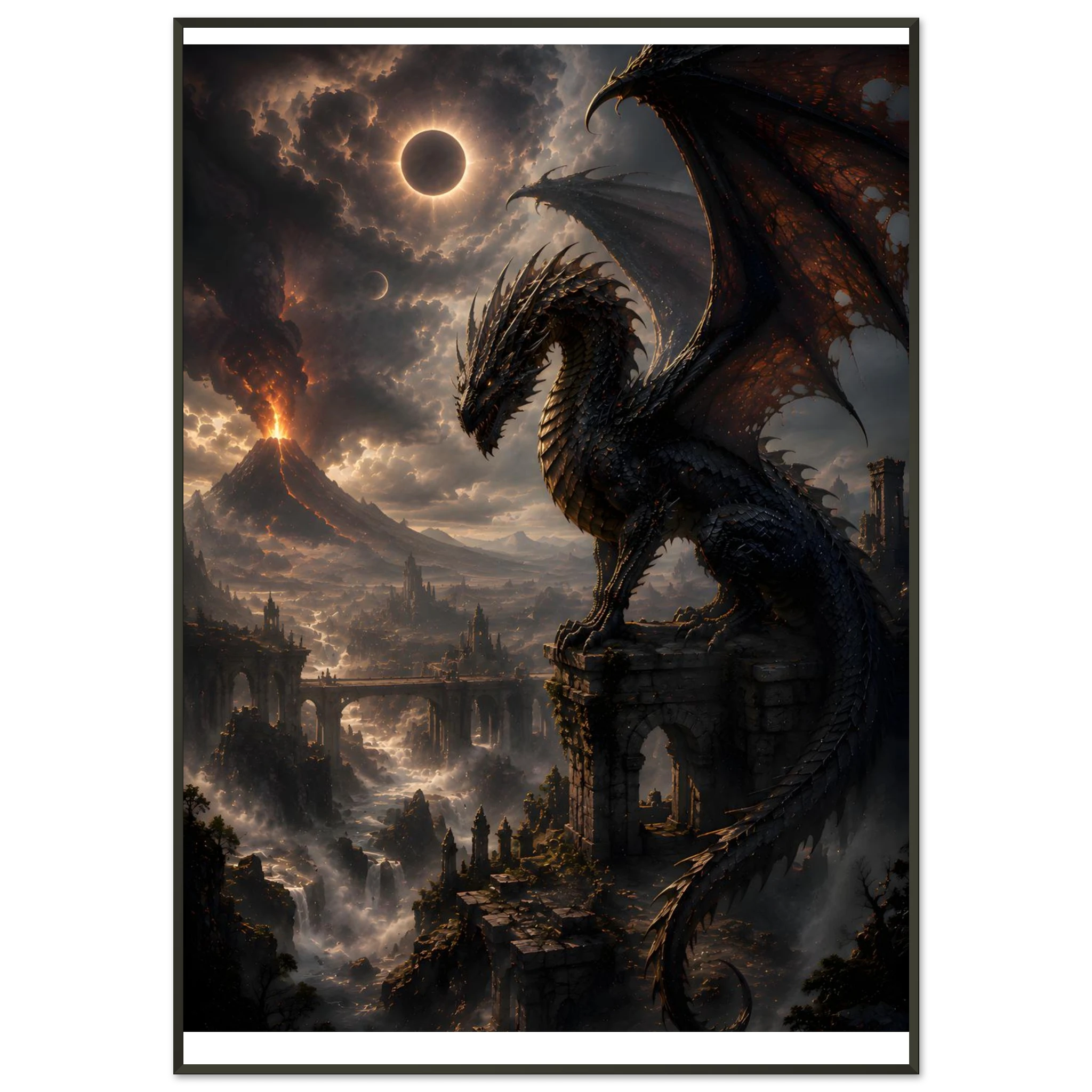 Eclipse of the Eternal Drake dark fantasy framed poster featuring an ancient dragon beneath a solar eclipse