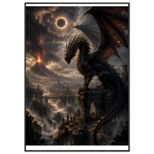 Eclipse of the Eternal Drake dark fantasy framed poster featuring an ancient dragon beneath a solar eclipse
