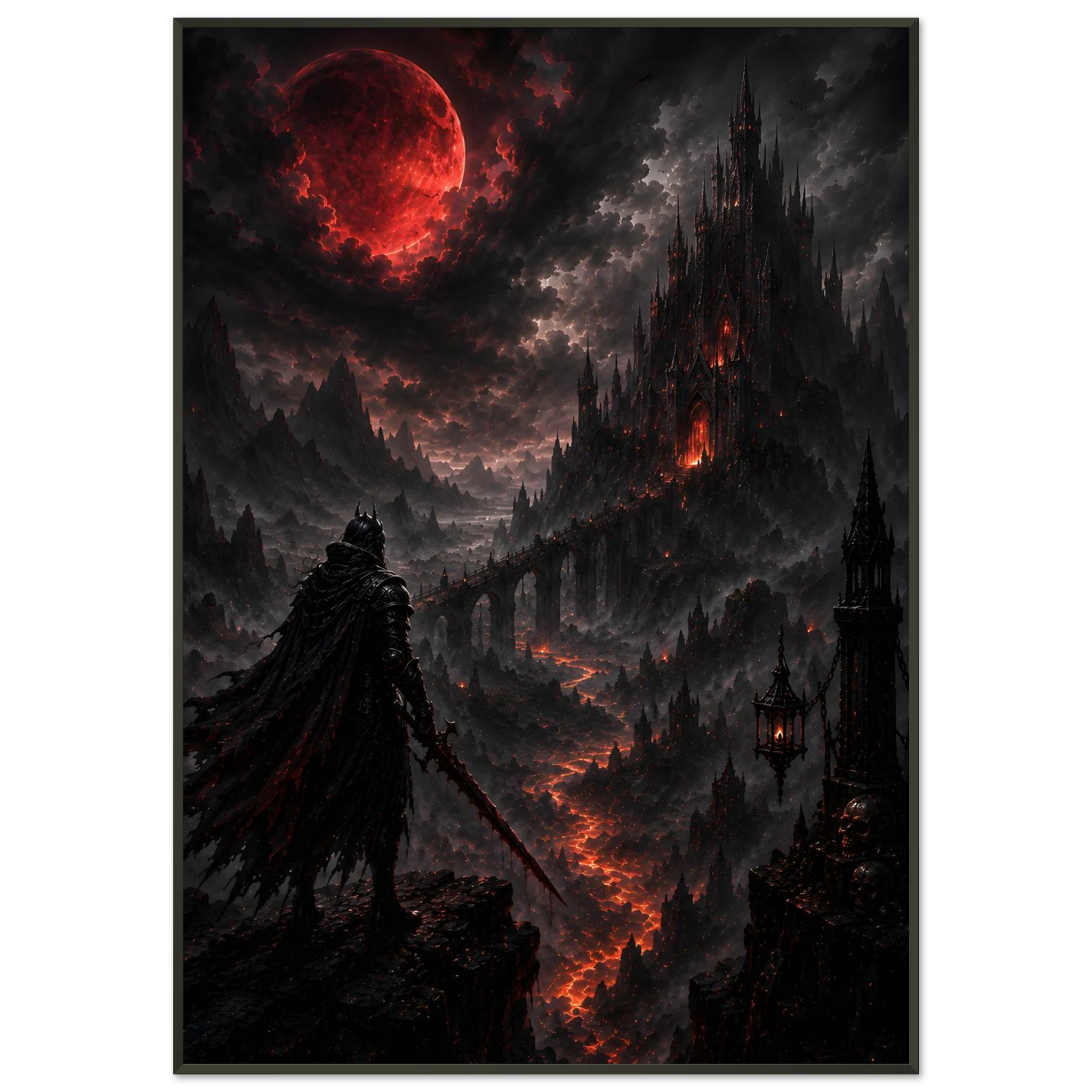 The Inferno Dragon fantasy framed poster featuring a colossal black dragon above a burning gothic kingdom
