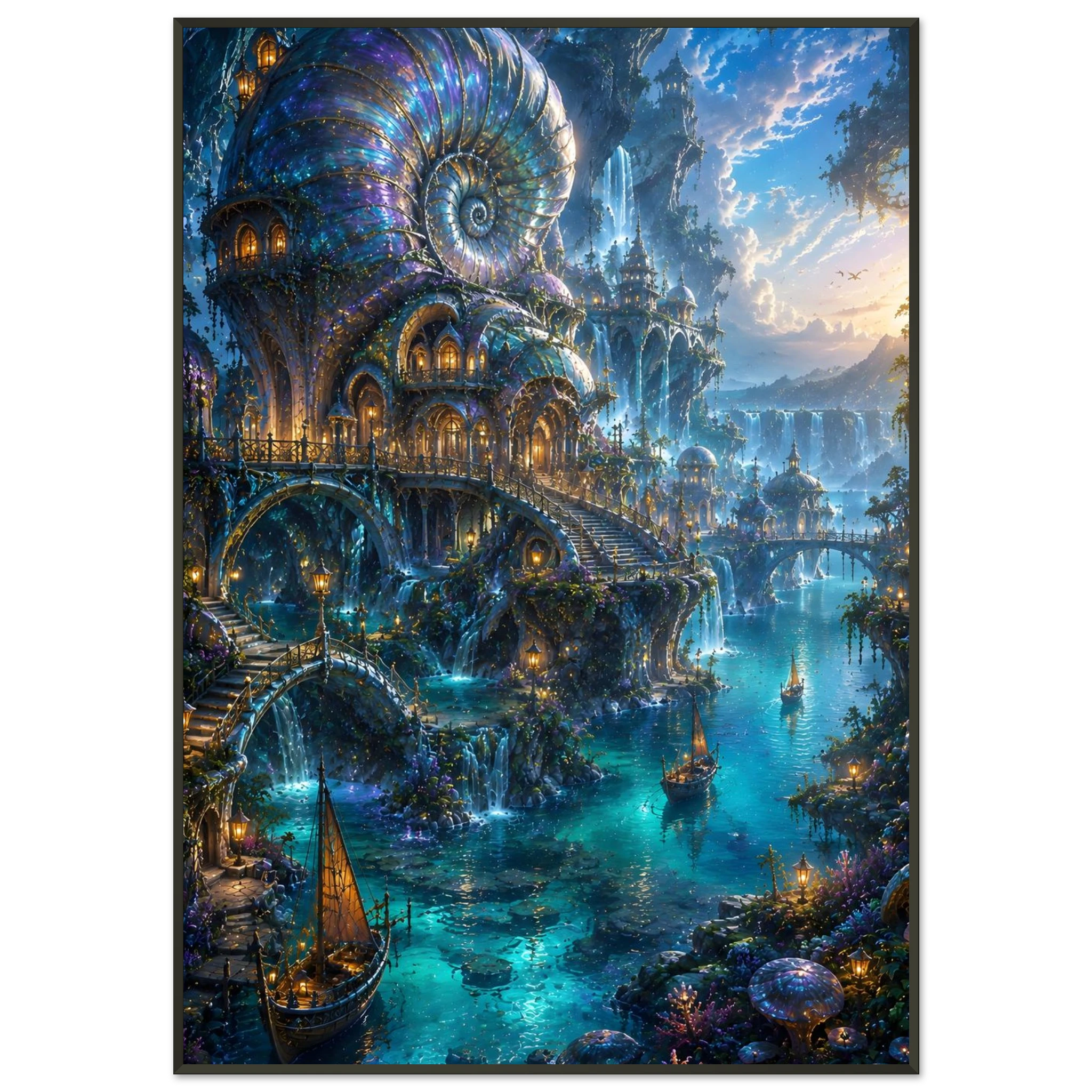 The Abyssal Harbour fantasy framed poster featuring a hidden harbour inside a colossal nautilus shell