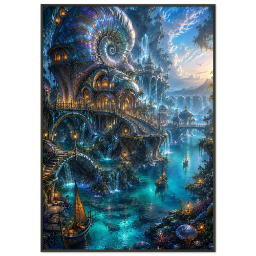 The Abyssal Harbour fantasy framed poster featuring a hidden harbour inside a colossal nautilus shell