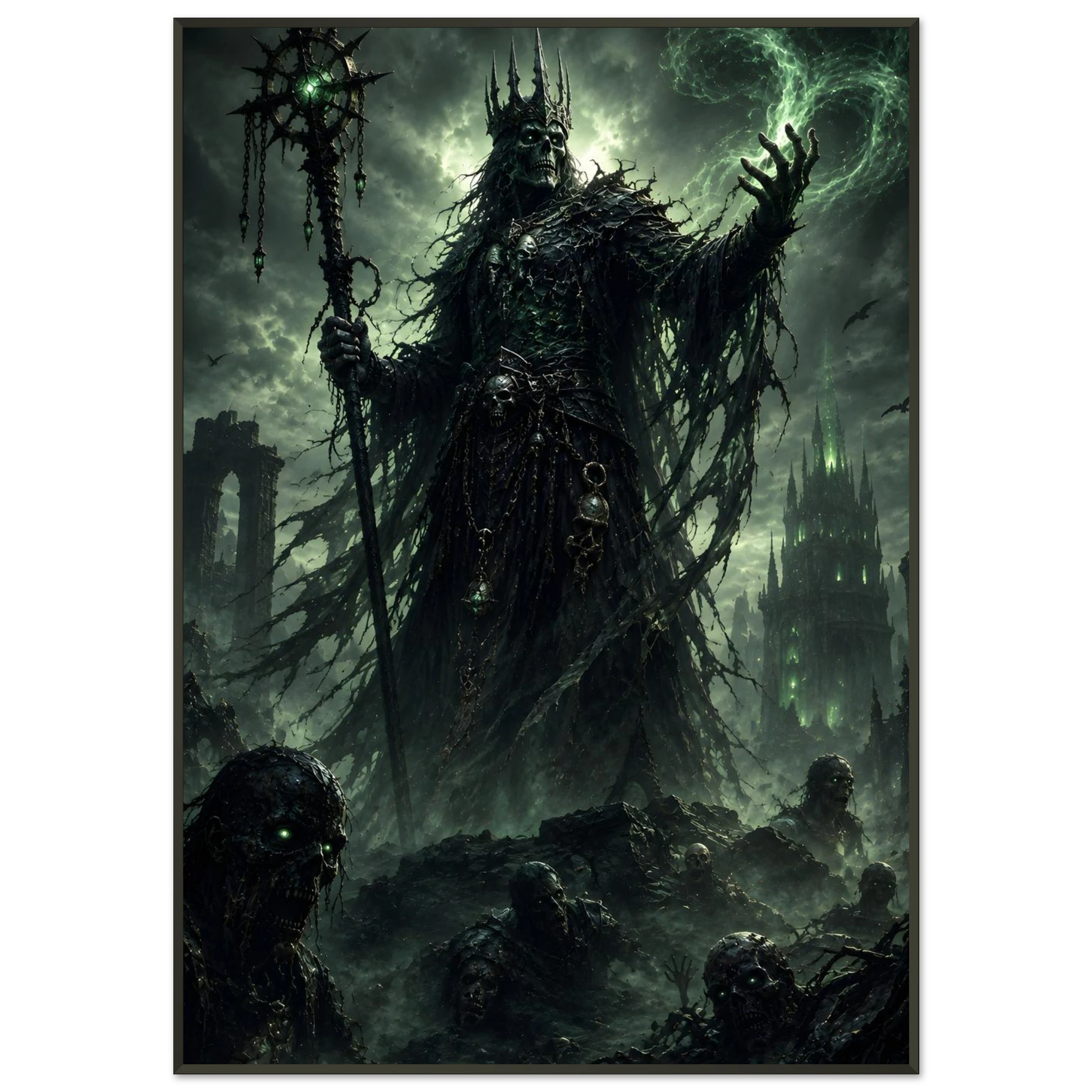 The Lich King’s Dominion dark fantasy framed poster featuring a skeletal ruler and necrotic fire