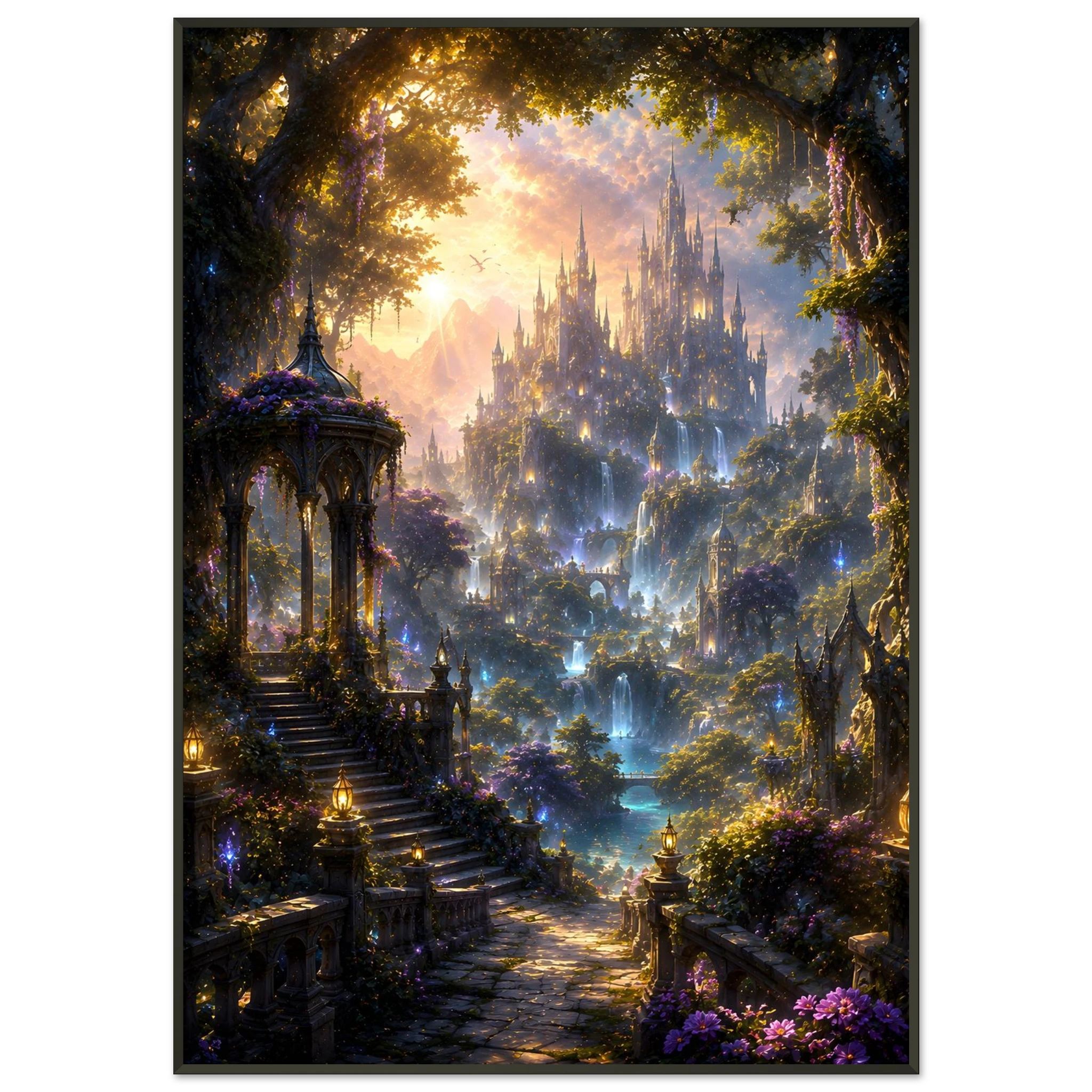 The Enchanted Vale fantasy framed poster featuring glowing forests, waterfalls and a distant enchanted city