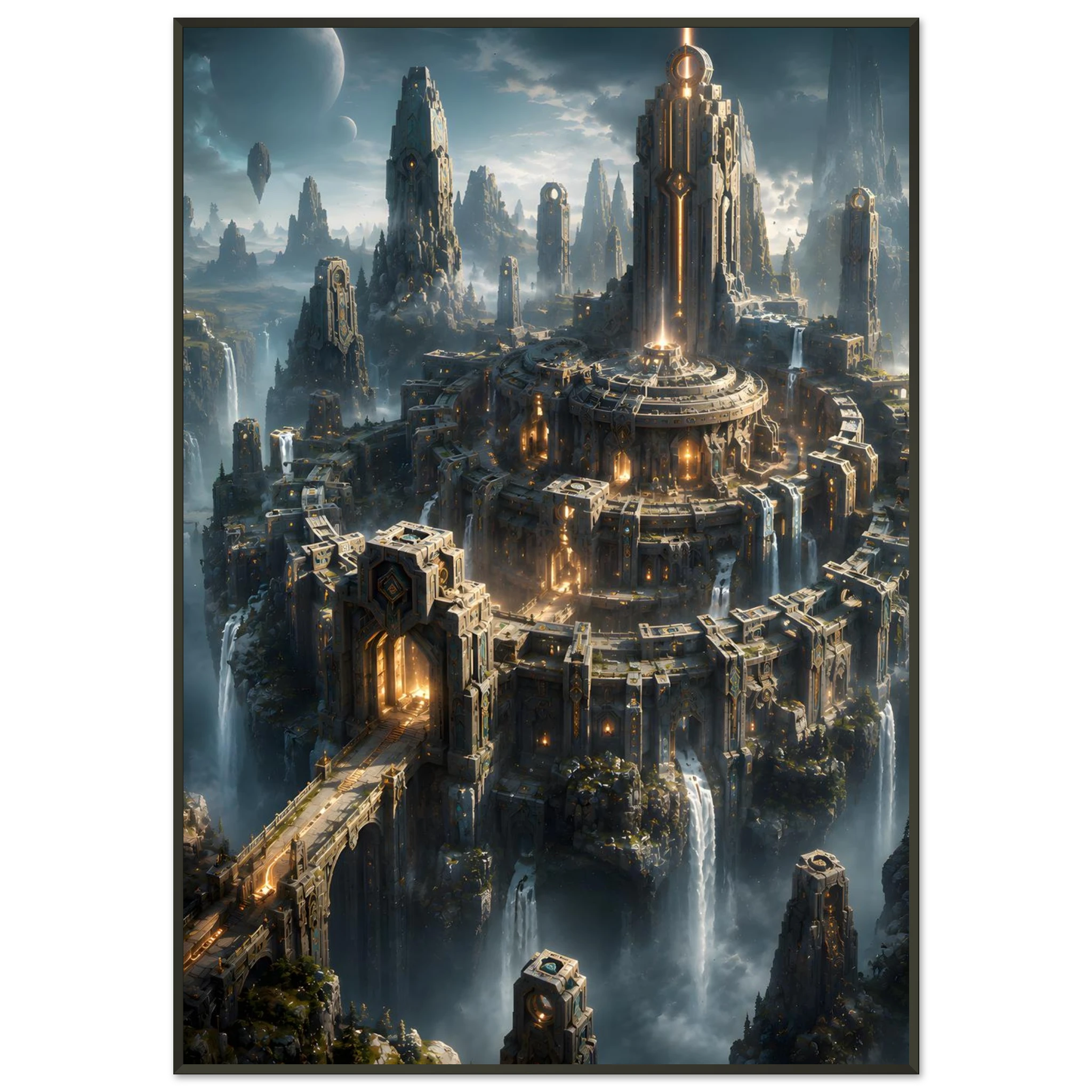 The Obsidian Sanctum dark fantasy framed poster featuring an ancient fortress beneath a colossal moon
