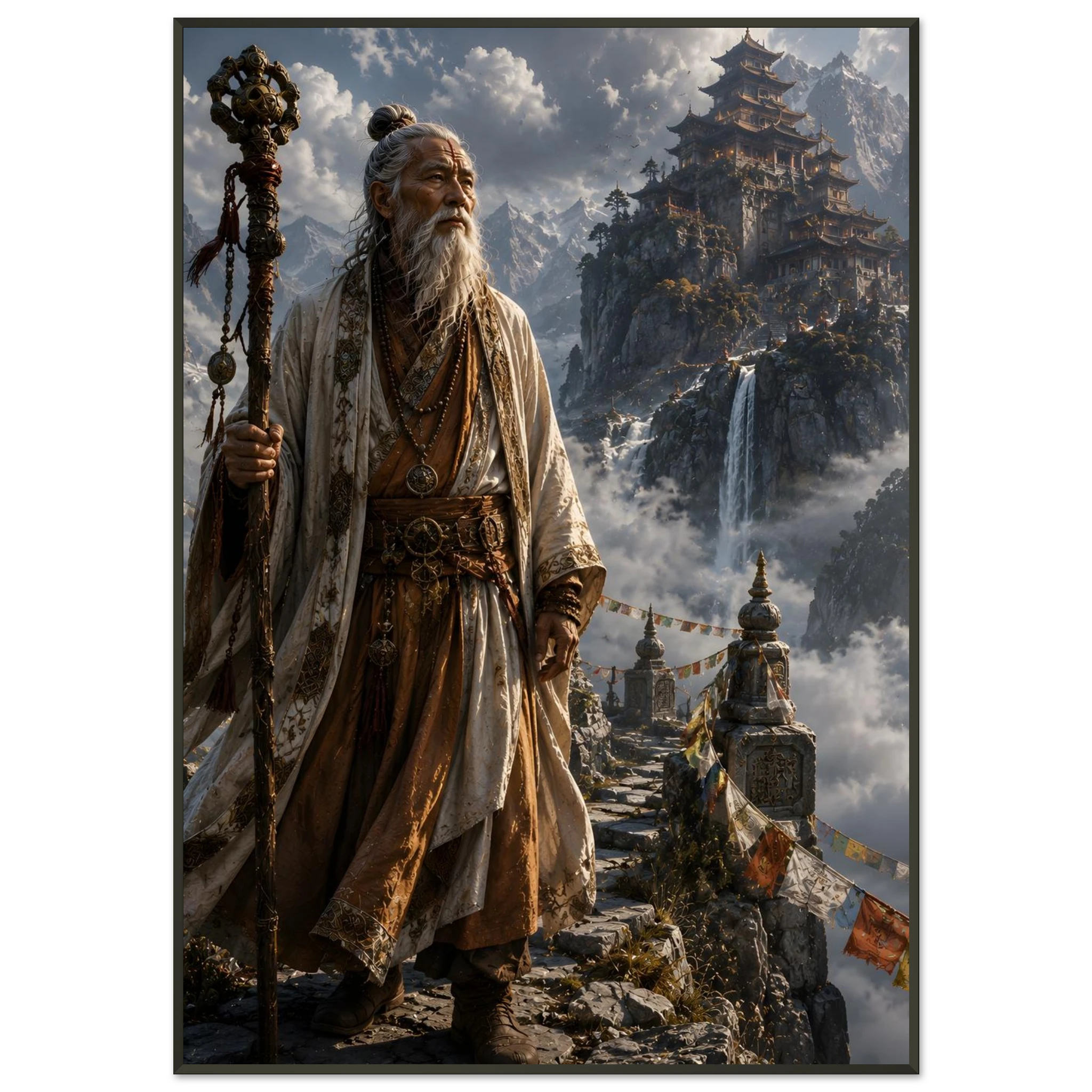 The Sage of the Celestial Peak fantasy framed poster featuring an ancient sage approaching a mountain temple