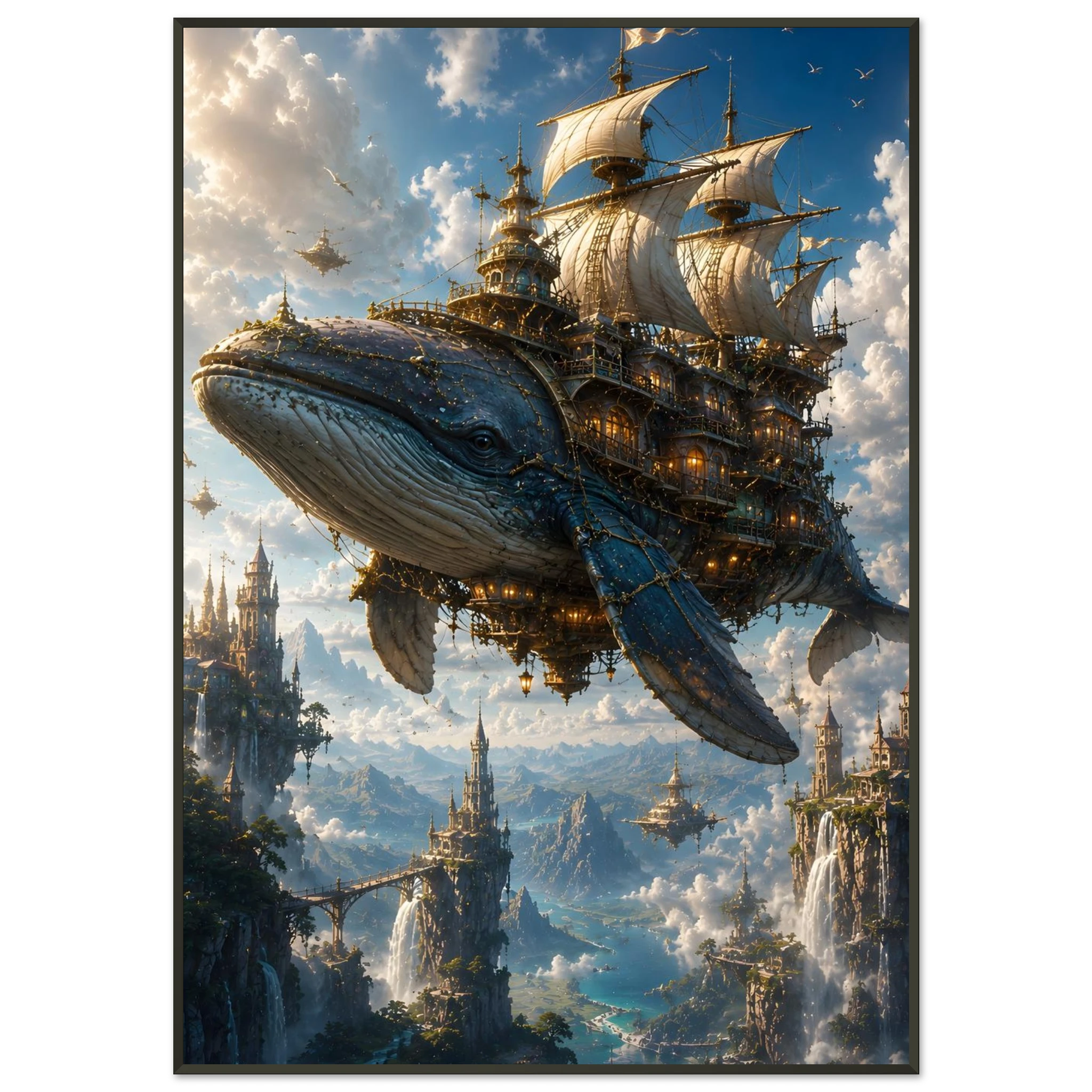 The Sky Leviathan fantasy framed poster featuring a colossal flying creature carrying a civilisation above the clouds