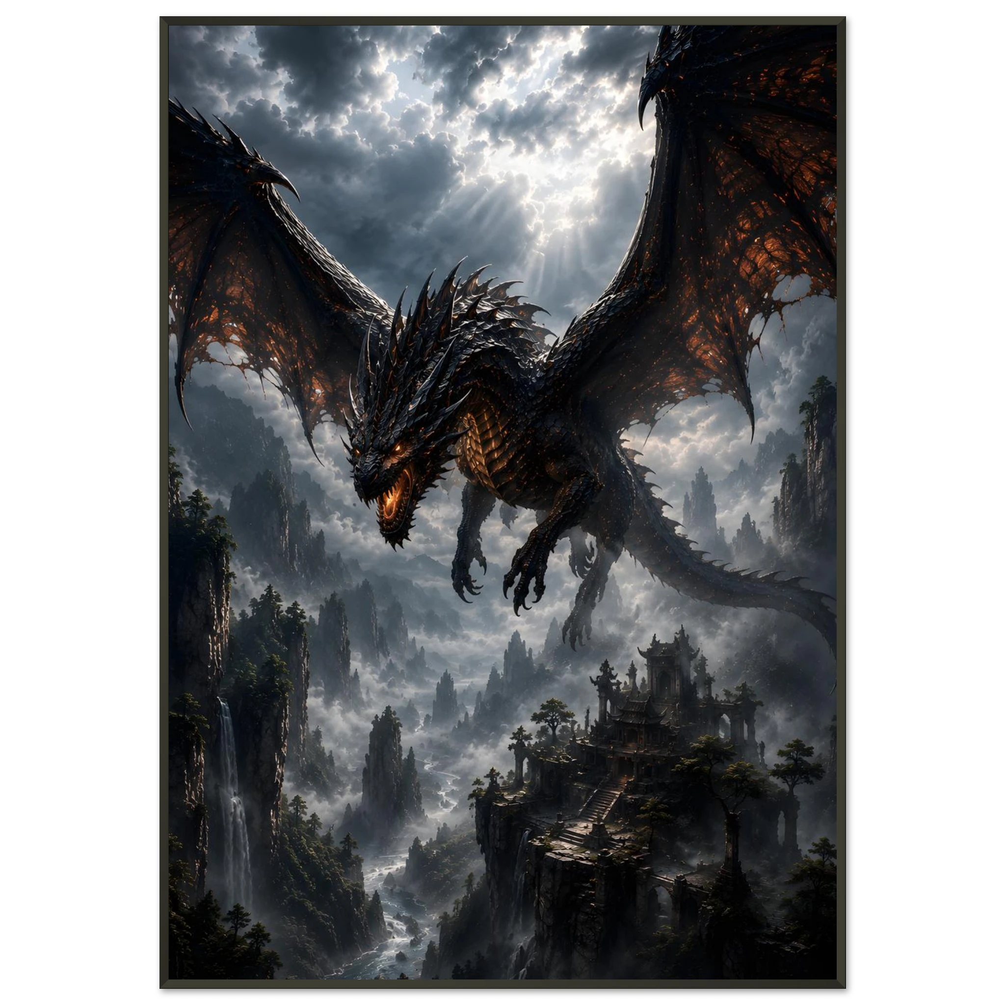 Reign of the Abyssal Drake dark fantasy framed poster featuring a powerful dragon over ancient ruins
