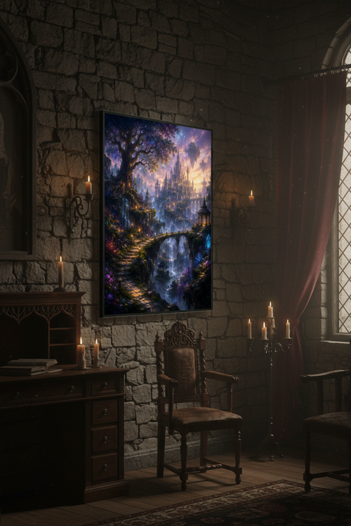Kingdoms of Dawn framed poster mockup in dark gothic candlelit room