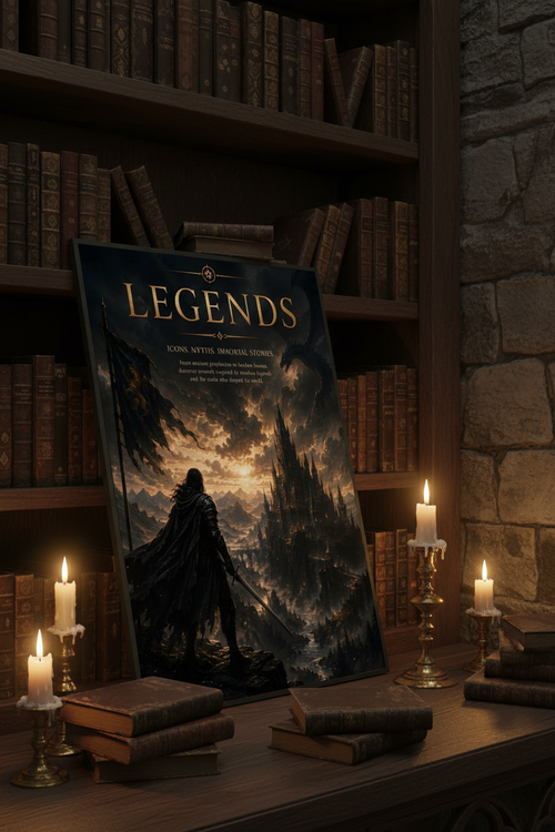 Legends framed poster mockup on dark gothic bookshelf